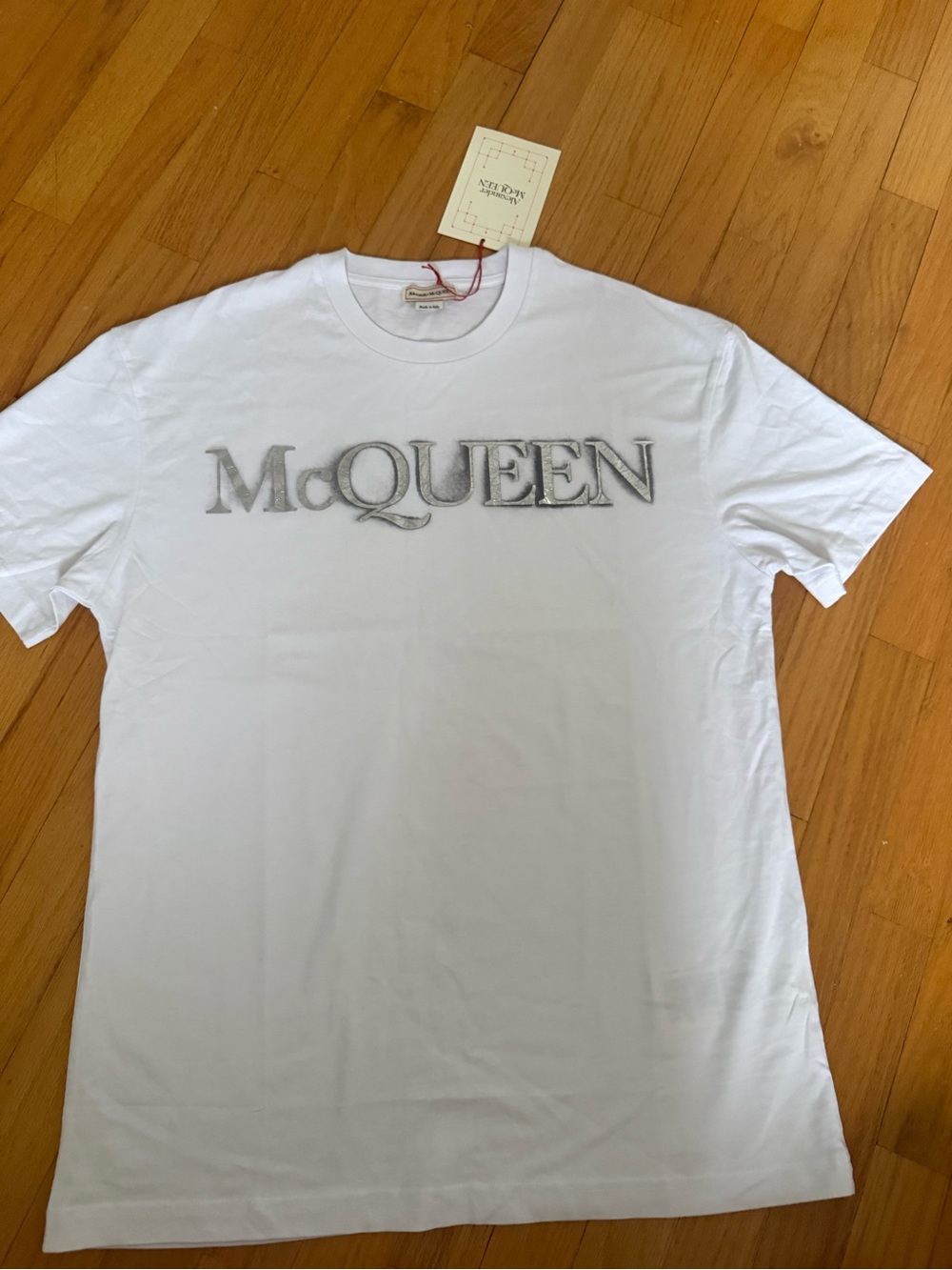 Alexander McQueen White T-Shirt with Silver McQUEEN Logo men medium
